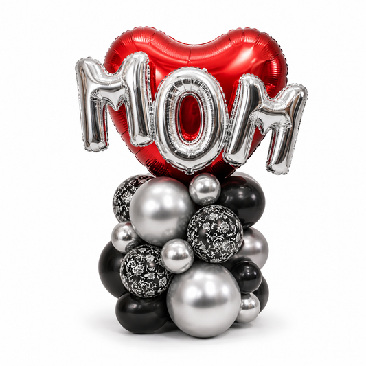 Luxury MOM balloon arrangement with red heart and silver balloons, elegant Mother’s Day balloon decor, custom balloon delivery Toronto GTA