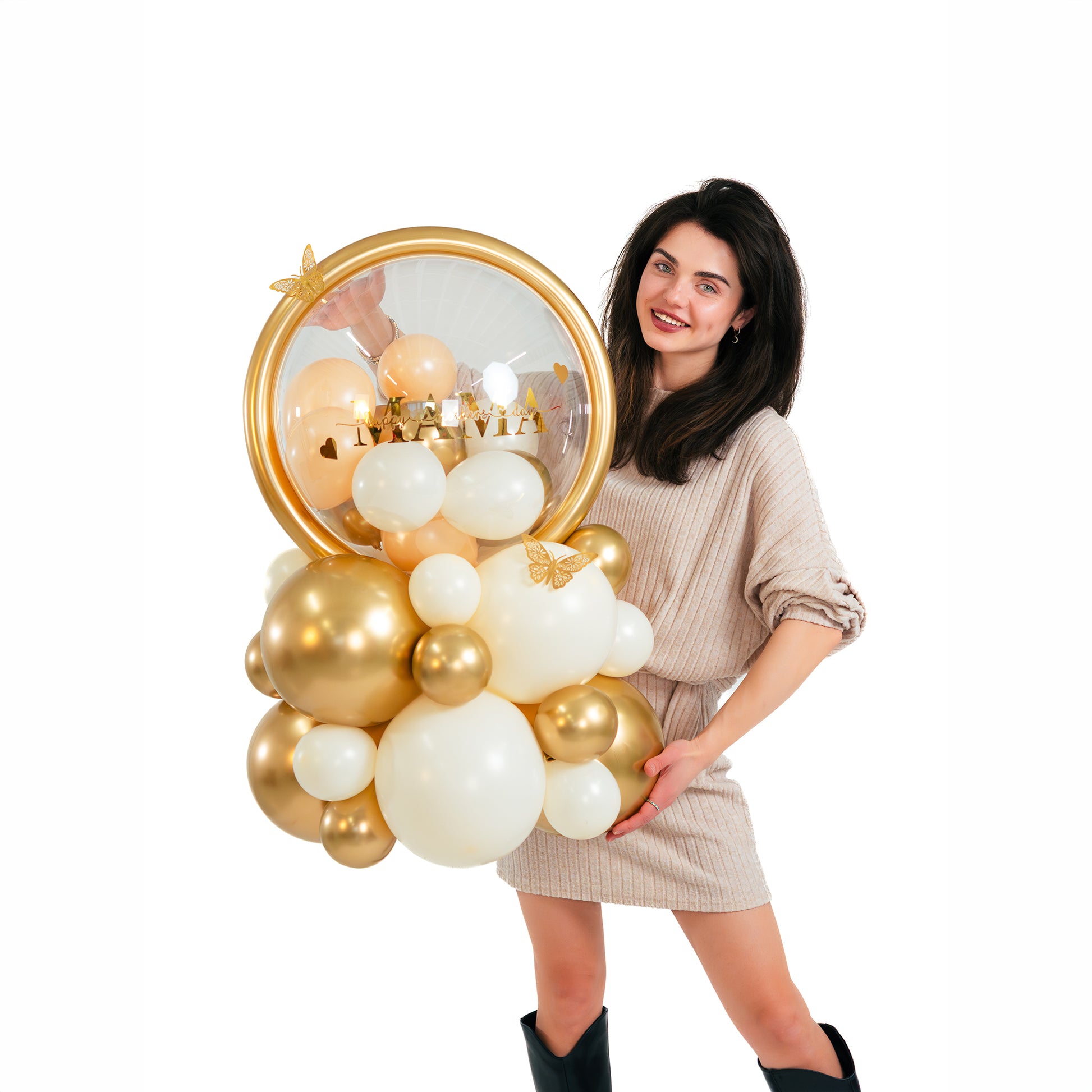 Luxury Mother’s Day bubble balloon arrangement with gold and ivory balloons in Toronto