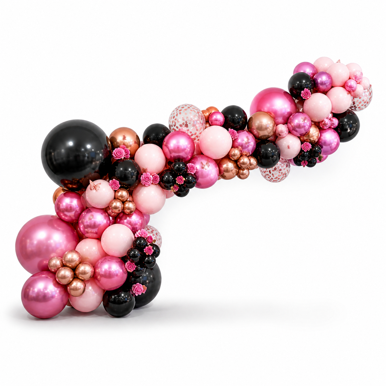 Luxury pink, rose gold and black balloon garland backdrop with organic design and floral accents, custom birthday and event balloon decor Toronto GTA