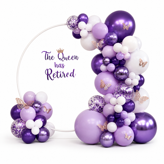 Luxury retirement balloon hoop backdrop in purple, lavender and white with butterfly accents, elegant event balloon decor Toronto GTA