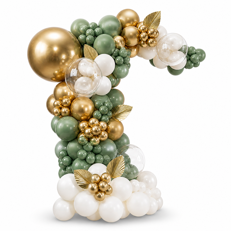 Luxury sage green and gold organic balloon garland arch with white and clear balloons, premium balloon decor setup in Toronto on white background for events and celebrations