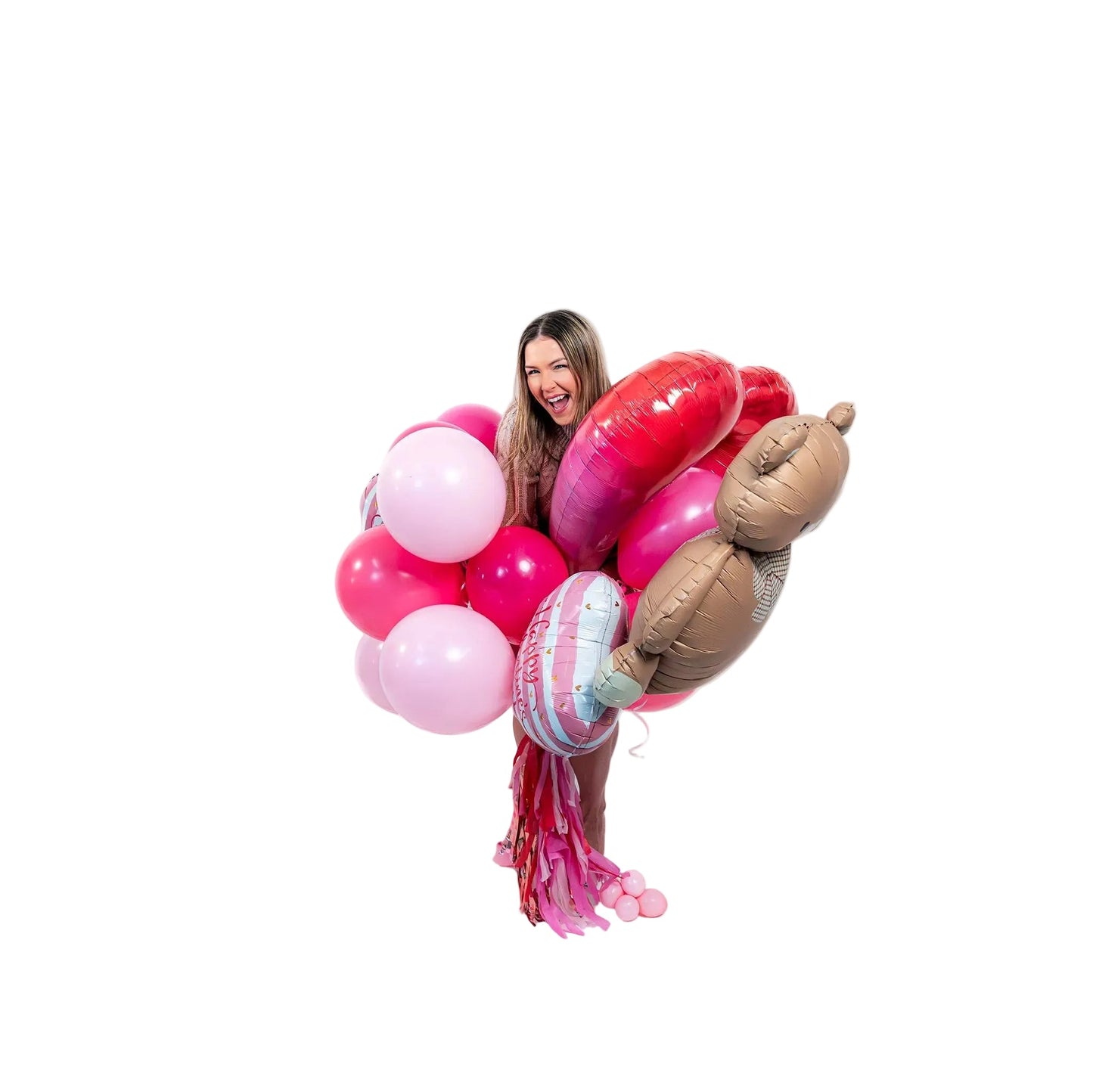 Same day balloon delivery Toronto Valentine bouquet with teddy bear and heart supershape balloons, weight and decorative tassels.