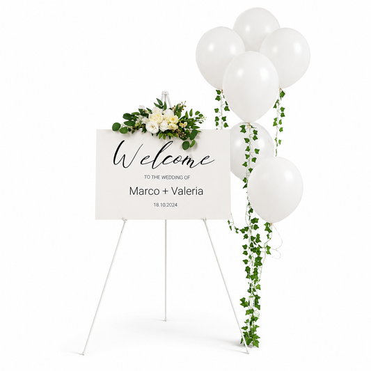 Elegant wedding welcome sign with white balloons, floral arrangement, and greenery decor for modern wedding receptions and bridal events in Toronto by Wooow Balloons.