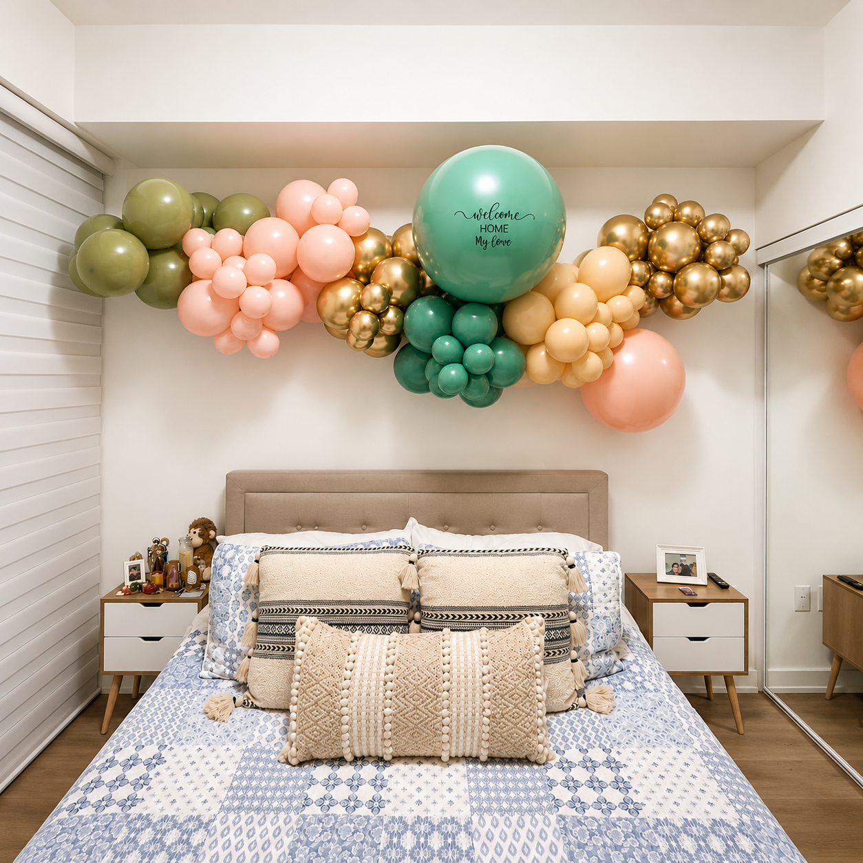 Luxury welcome home balloon room decoration in Toronto with custom jumbo balloon, organic balloon garland, and romantic bedroom surprise setup.