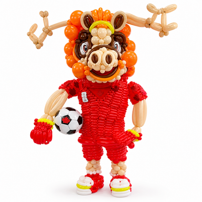 Handcrafted maple moose balloon sculpture inspired by FIFA 2026 in Toronto featuring custom mascot design with soccer theme