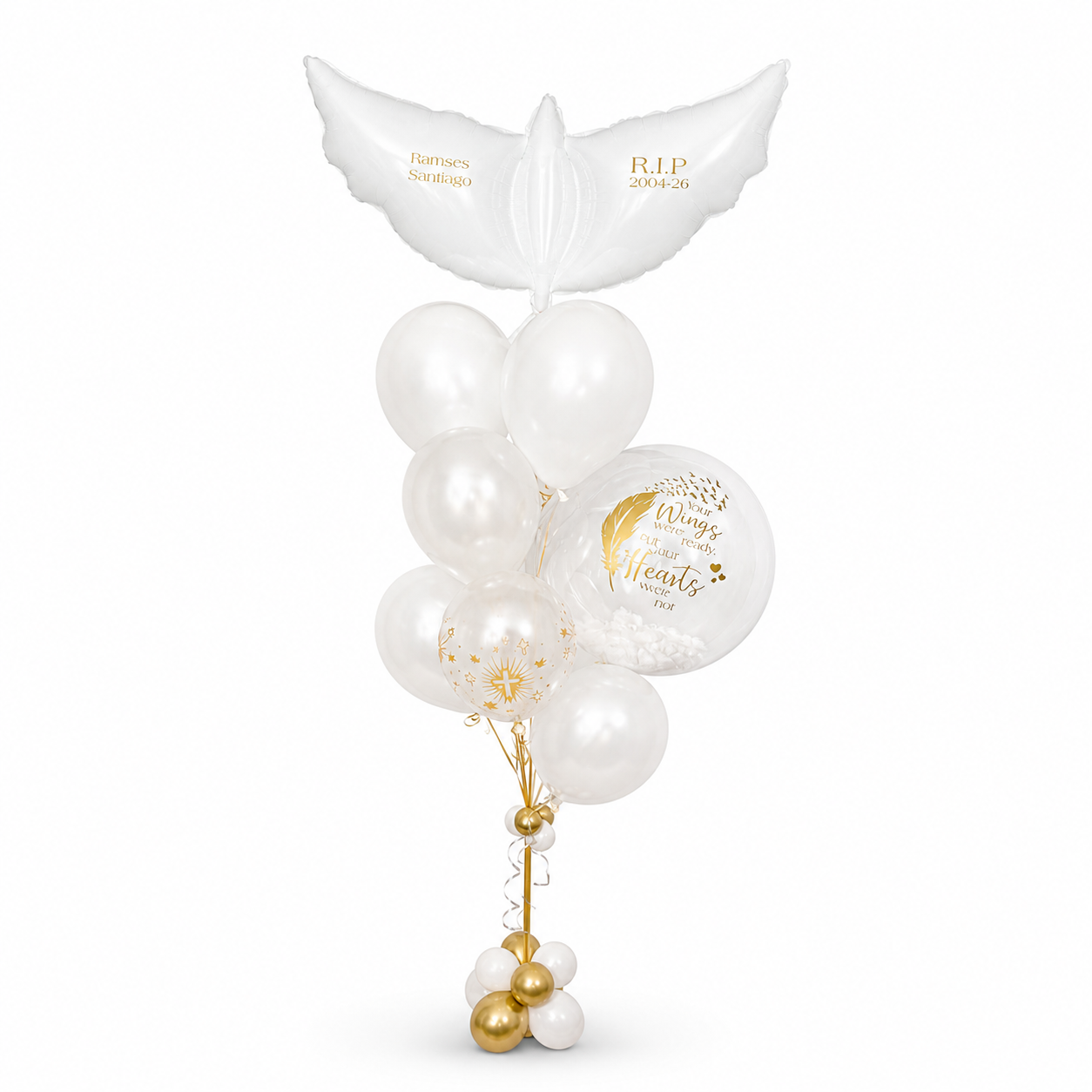 White and gold memorial balloon bouquet with angel wings and custom message for funeral and remembrance in Toronto by Wooow Balloons