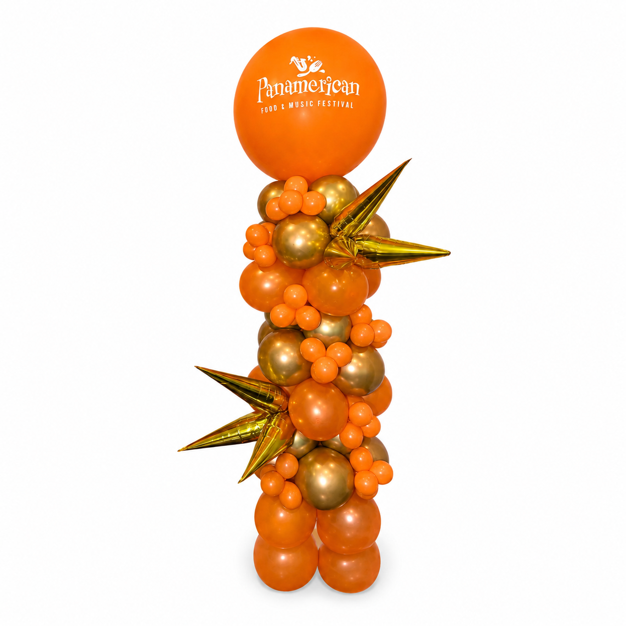 Orange and gold metallic balloon column with custom Panamerican Festival logo in Toronto by Wooow Balloons.