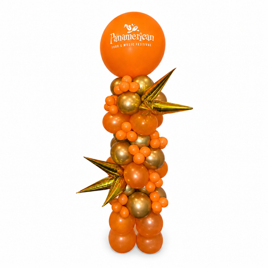 Orange and gold metallic balloon column with custom Panamerican Festival logo in Toronto by Wooow Balloons.