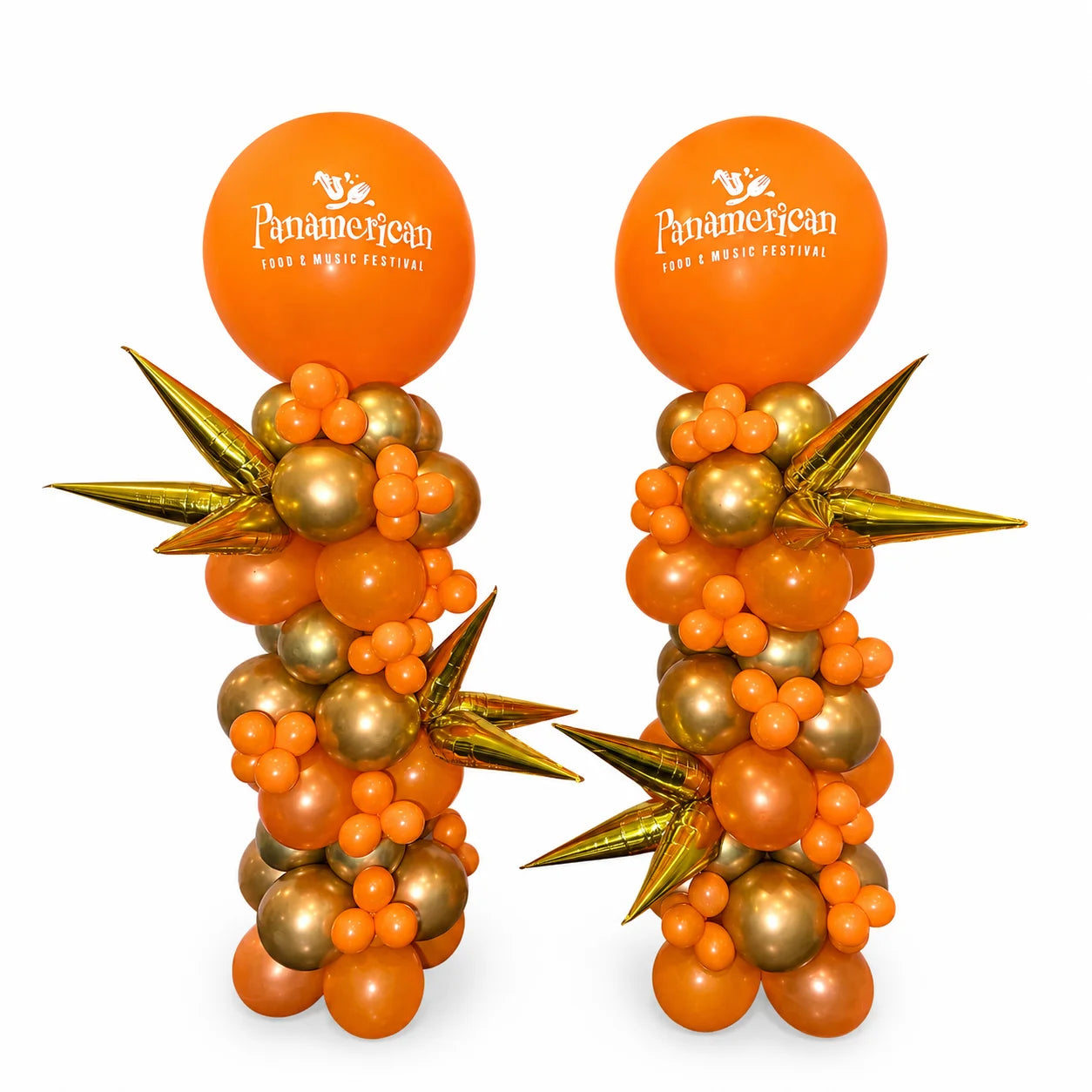 Metallic balloon columns Toronto with custom corporate logo in orange and gold by Wooow Balloons