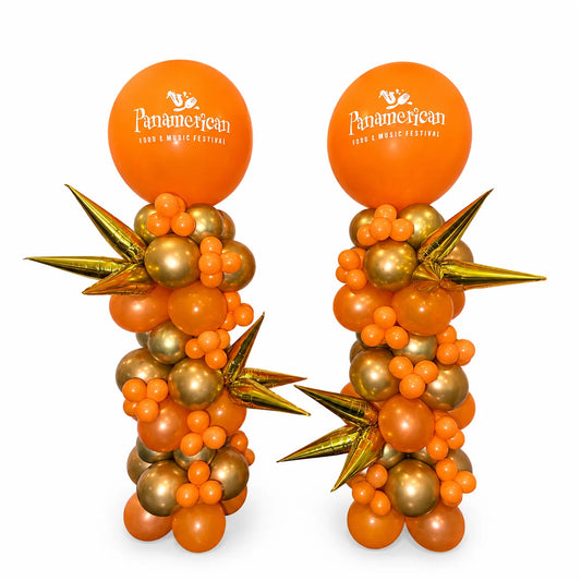 Metallic balloon columns Toronto with custom corporate logo in orange and gold by Wooow Balloons
