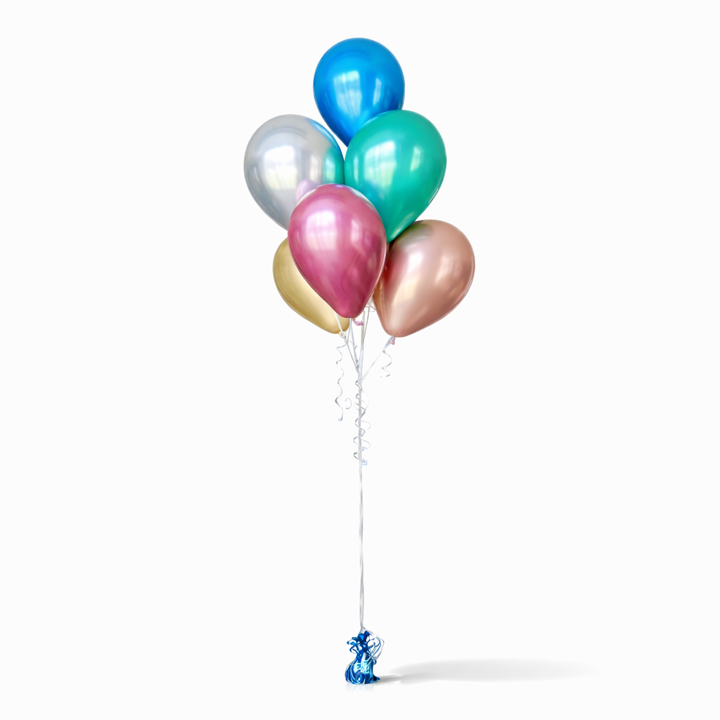 Metallic birthday balloon bouquet with blue, teal, pink, gold and silver helium balloons on white background, luxury balloon delivery Toronto same day