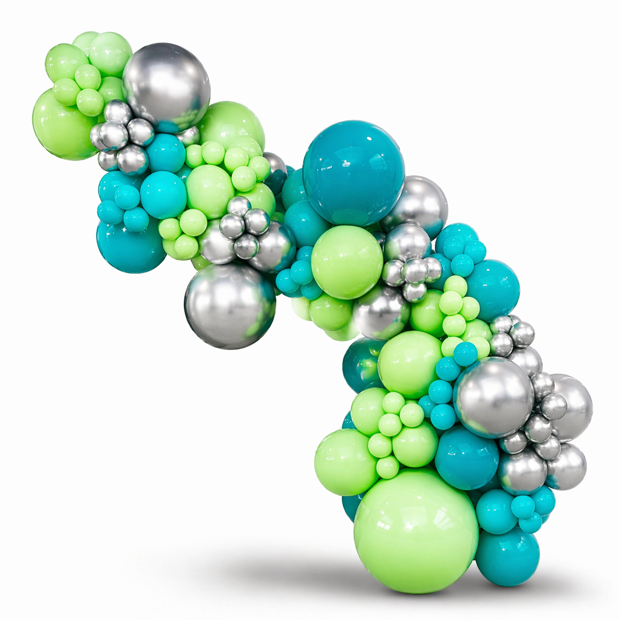 Modern organic balloon garland in green, teal blue, and metallic silver tones with mixed balloon sizes, designed for elegant event decor and installations in Toronto