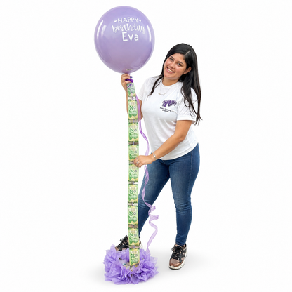 Money balloon gift for birthday delivery in Toronto with custom name Eva, surprise cash balloon arrangement for celebrations, unique birthday gift idea GTA