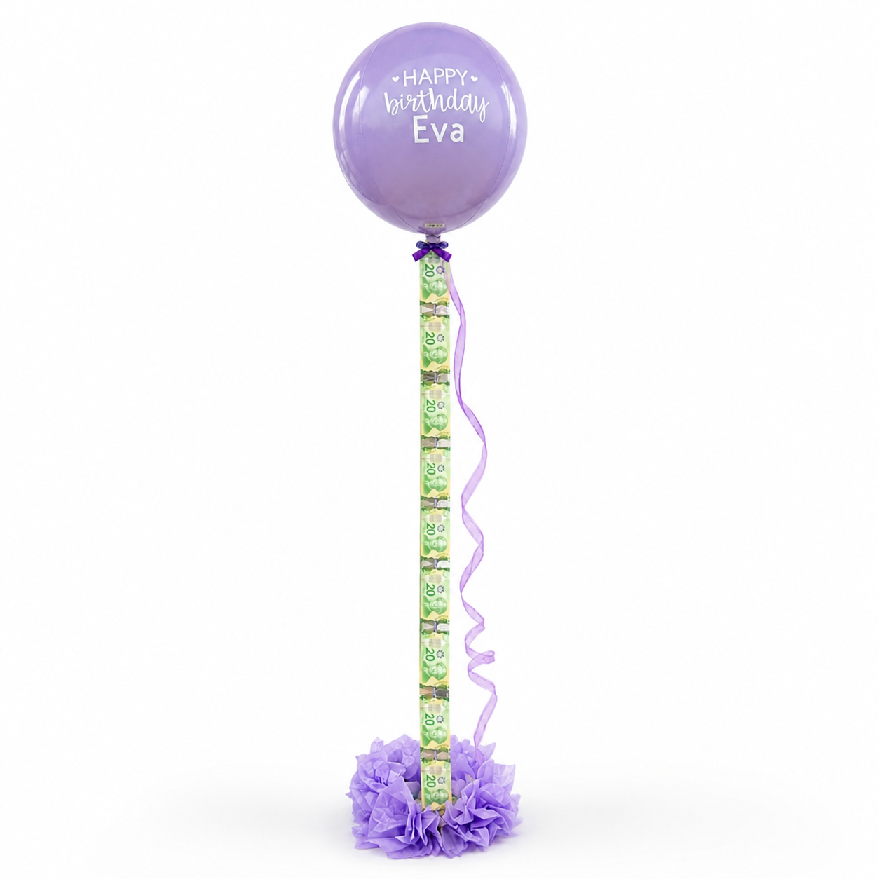 Custom money balloon gift with cash inside and personalized birthday message, luxury balloon surprise delivery in Toronto for birthdays and special occasions