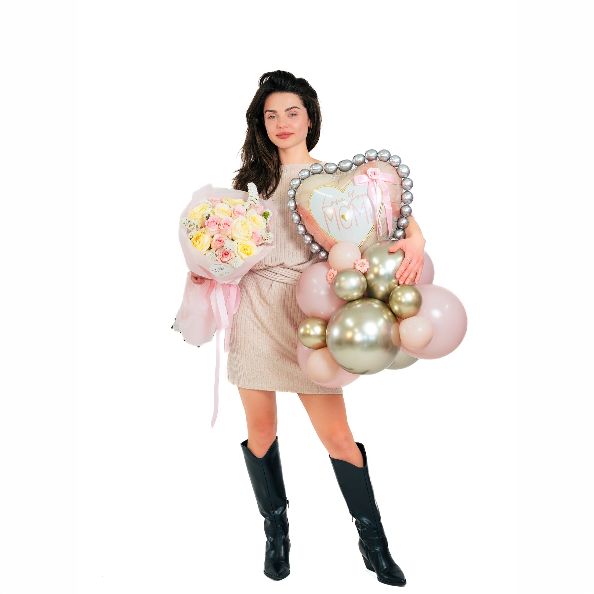 Luxury Mother’s Day balloon arrangement paired with flowers for delivery in Toronto