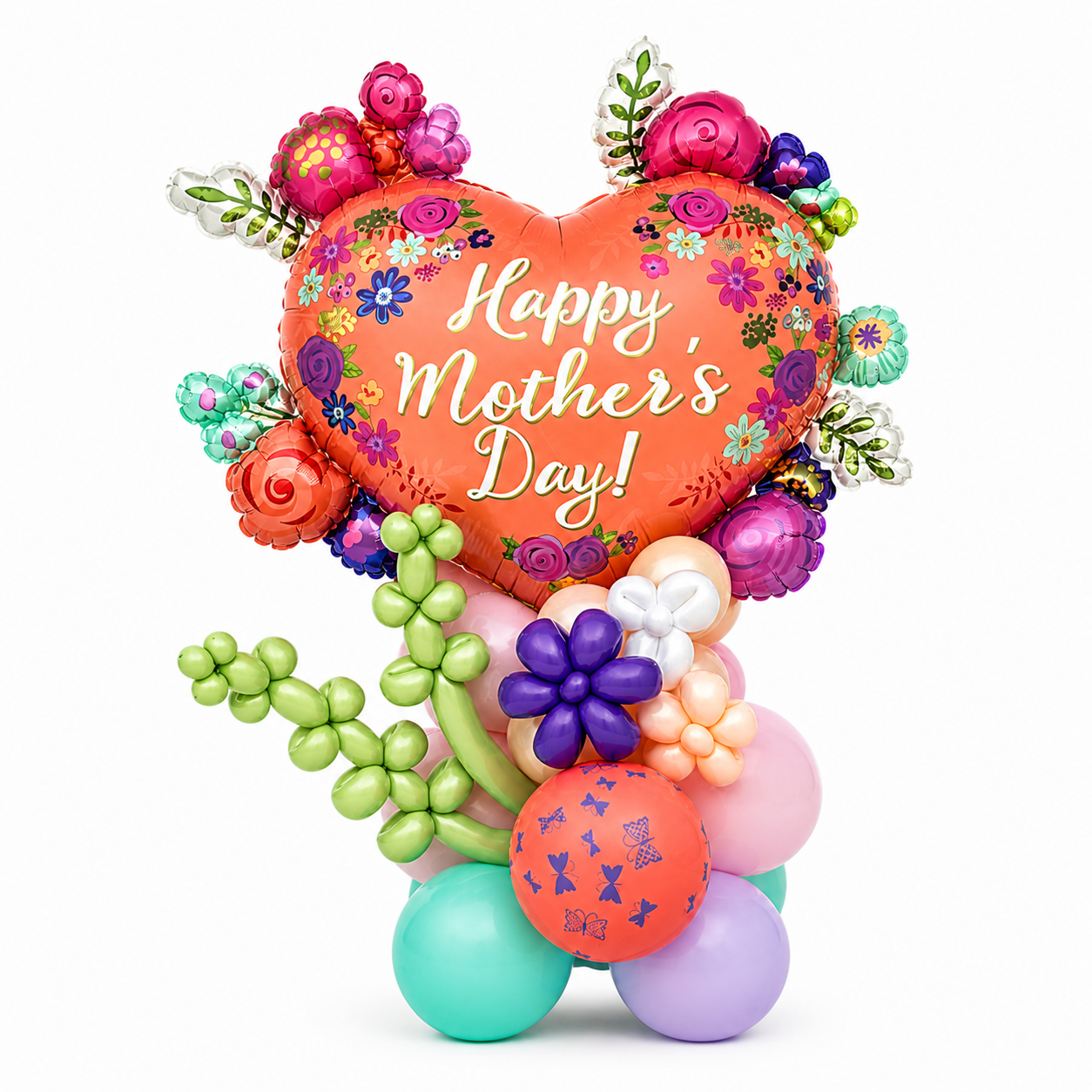Mother’s Day balloon arrangement with heart-shaped floral balloon and colorful bouquet base, custom balloon gift delivery in Toronto