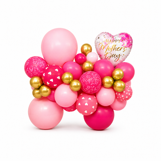 Luxury Mother’s Day balloon arrangement in pink and gold with heart balloon, elegant custom balloon decor for delivery in Toronto