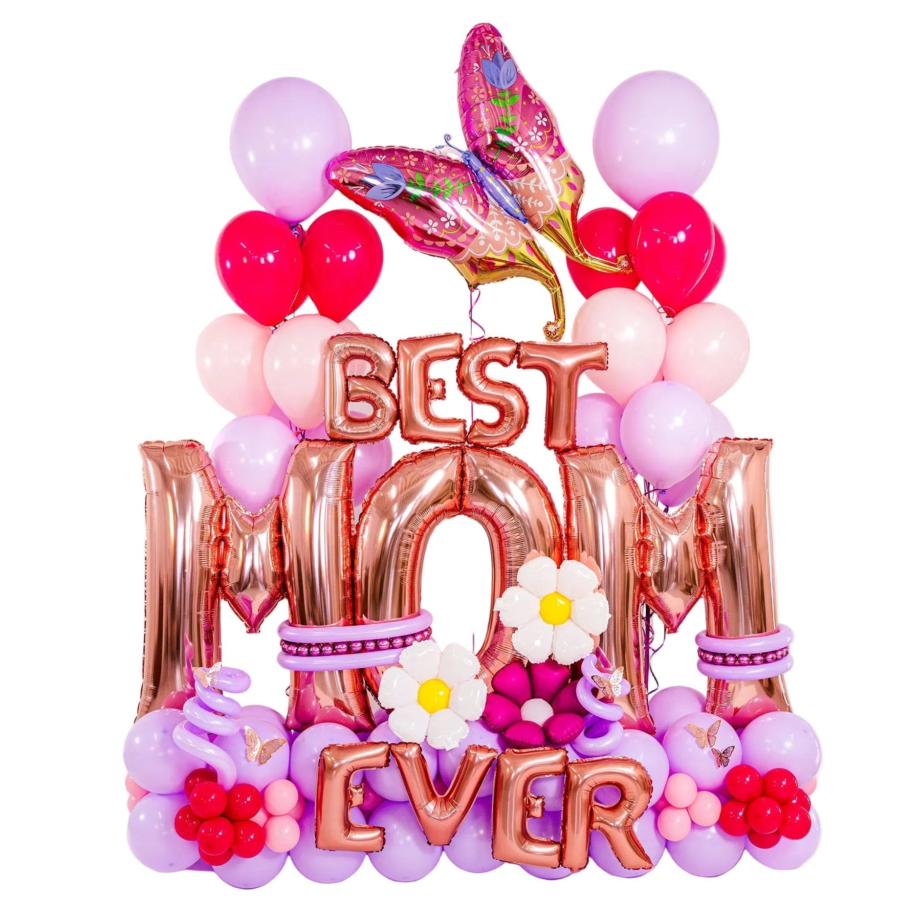 Mother’s Day balloon arrangement in Toronto with Best Mom Ever letters, flowers and butterfly details.