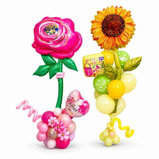 Mother’s Day balloon bouquet with flower-shaped balloons in pink and sunflower design, custom balloon gift arrangement in Toronto