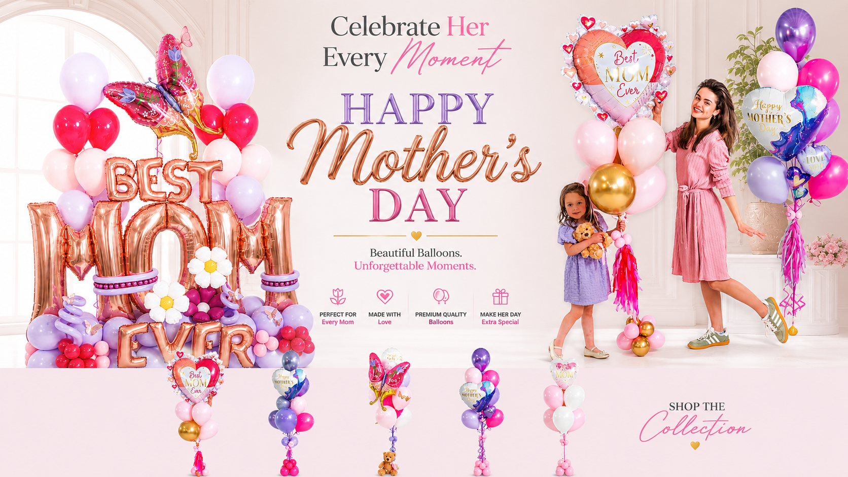 Luxury Mother’s Day balloon collection banner featuring pastel pink, lavender and rose gold balloon bouquets and balloon arrangements for delivery in Toronto & GTA.