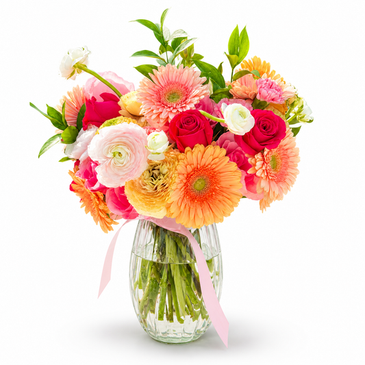Mother’s Day fresh flower bouquet with roses and gerbera daisies in glass vase, pastel pink and peach flowers, Toronto flower delivery