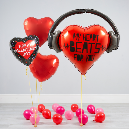 Valentines balloons Toronto package with My Heart Beats for You supershape and red heart helium balloons, delivered fully inflated with weights
