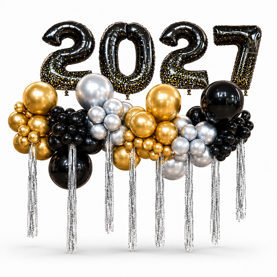 2027 number balloon garland in black, gold and silver for New Year celebrations in Toronto by Wooow Balloons.