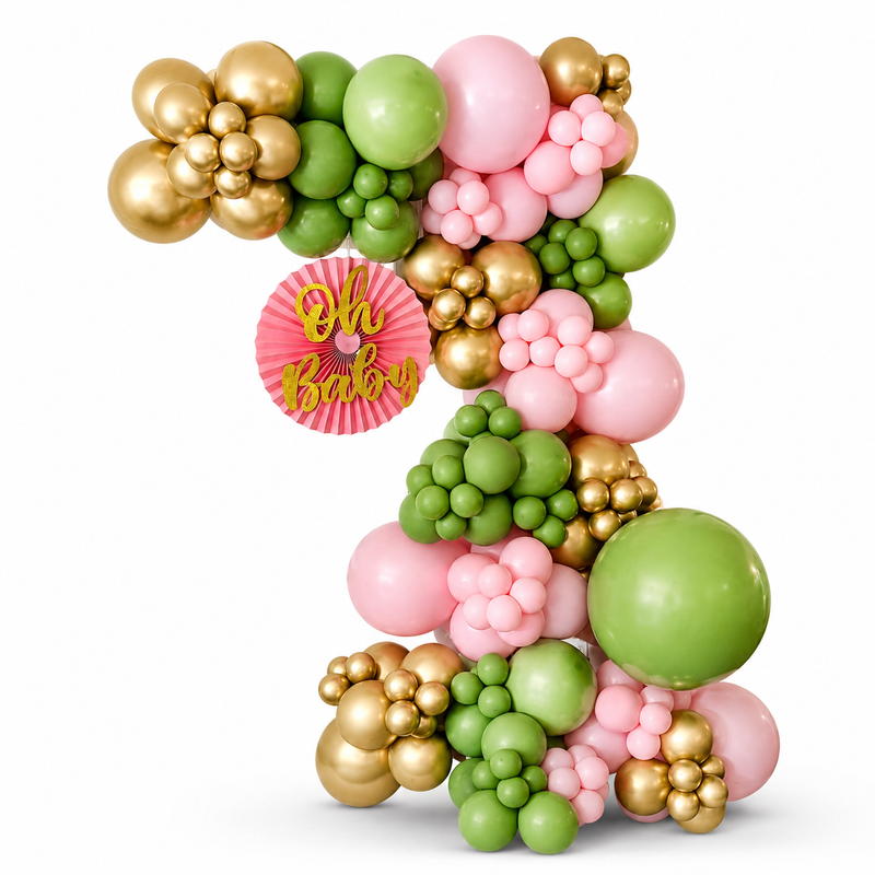 Luxury oh baby balloon garland in pink, sage green, and gold for baby shower decoration in Toronto with organic balloon design and premium styling.