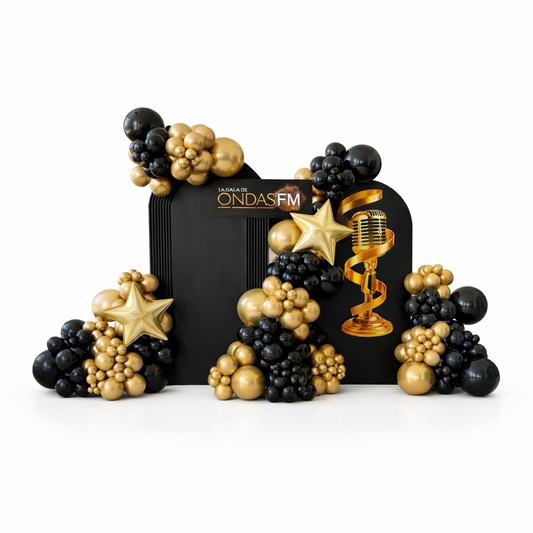 Luxury black and gold balloon backdrop with custom Ondas FM gala sign and star accents, premium event decor setup in Toronto for corporate gala and photo backdrop installation