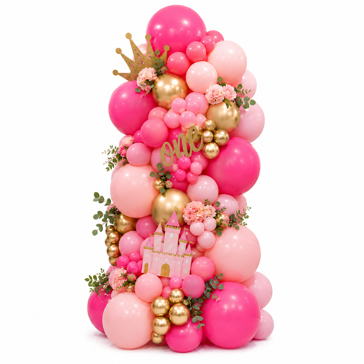 Pink and gold organic balloon column with princess crown number one castle florals and greenery in Toronto
