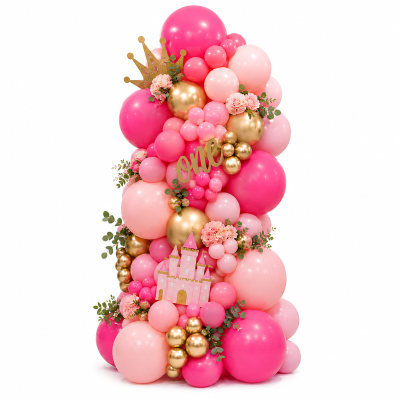 Pink and gold organic balloon column with princess crown number one castle florals and greenery in Toronto