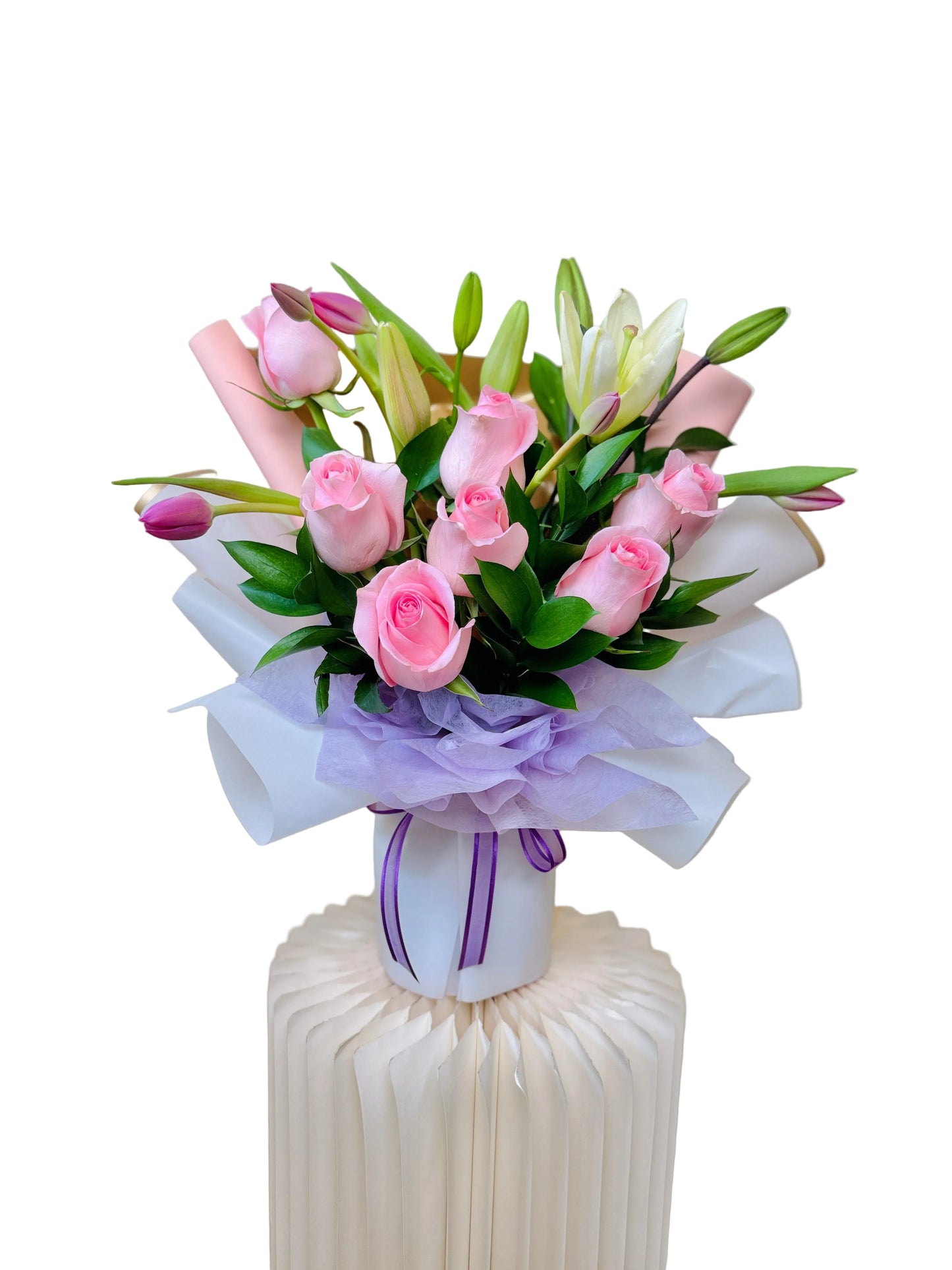 Elegant pastel flower bouquet with pink roses and lilies for Mother’s Day delivery in Toronto and GTA