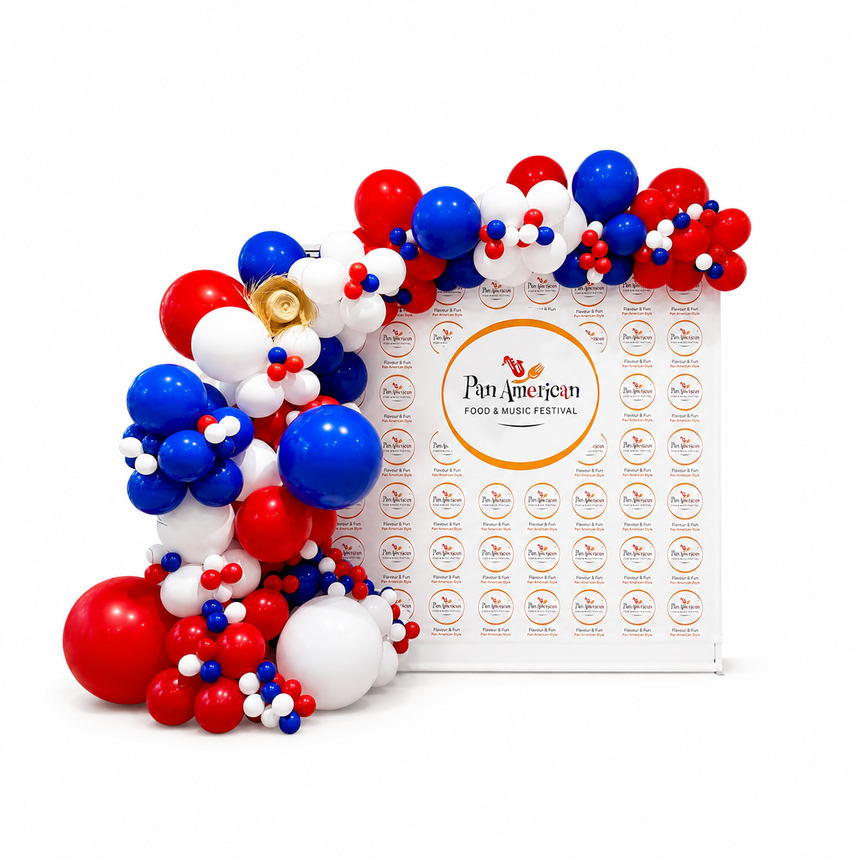 Red, white and blue patriotic balloon arch for Pan American festival and corporate events in Toronto