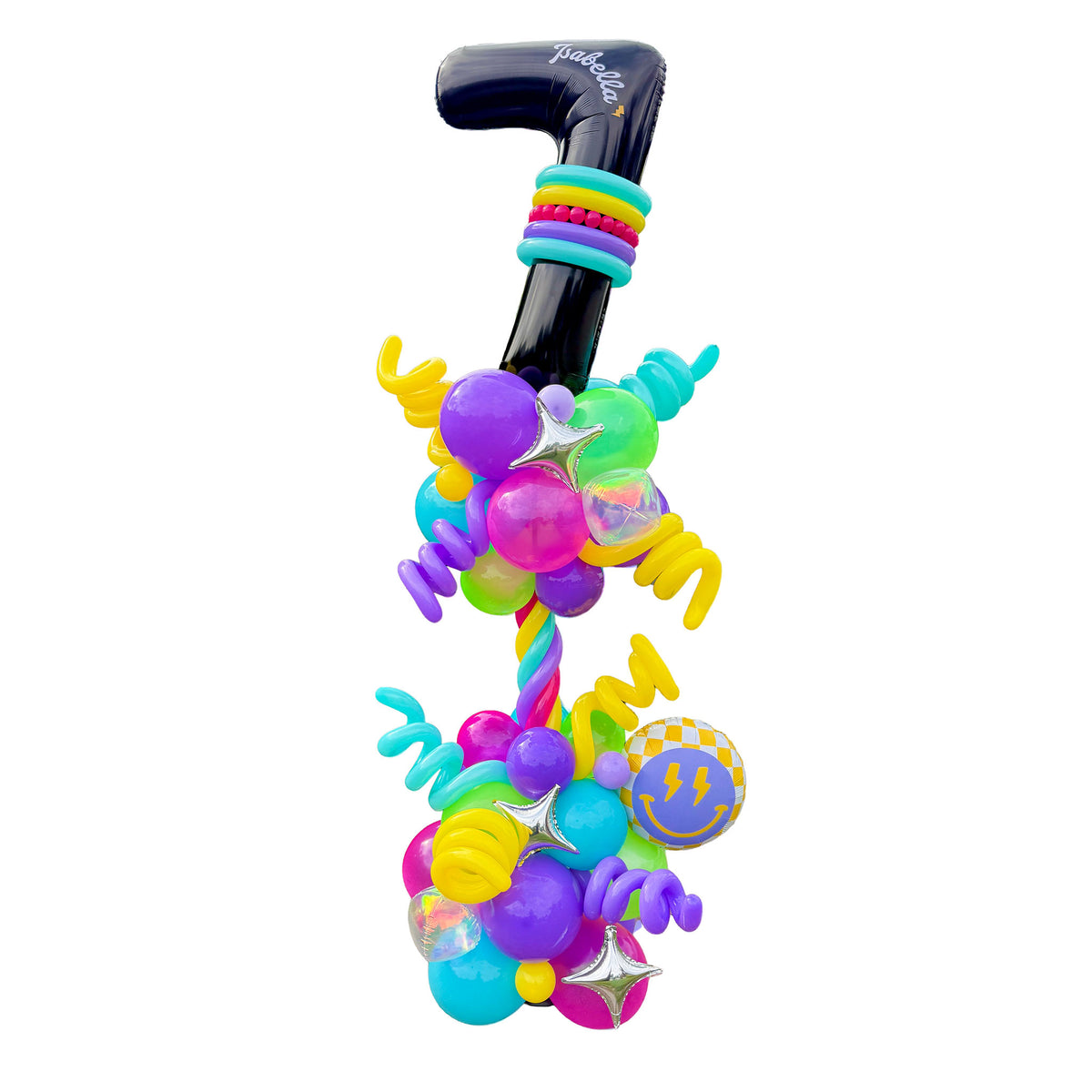 Personalized 7th birthday balloon column with a black number 7, colourful balloons, silver stars and smiley balloon in Toronto