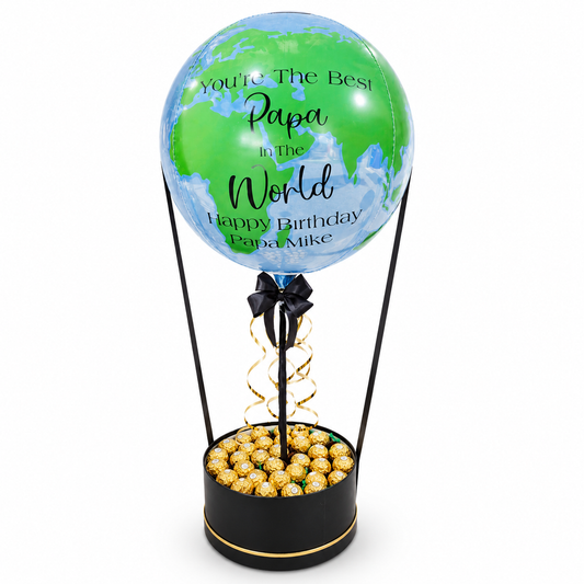 Personalized globe balloon gift box for dad with Ferrero chocolates and custom birthday message in Toronto