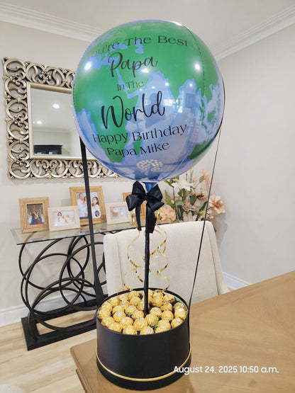 Personalized Globe Balloon Chocolate Gift Box by Wooow Balloons Toronto with Ferrero Rocher chocolates displayed on white background