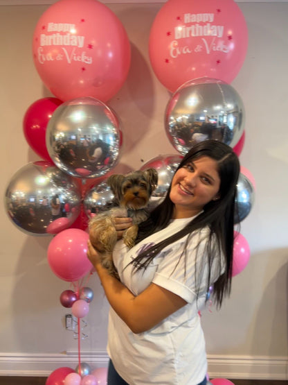 Personalized pink and silver jumbo balloons Toronto – Custom birthday balloon display with message and chrome balloons by Wooow Balloons Toronto