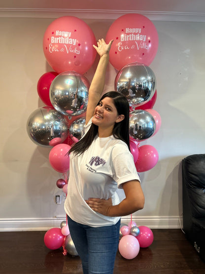 Pink and silver birthday balloon display Toronto – Custom helium balloon setup with personalized message by Wooow Balloons Toronto