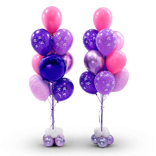 Pink and purple helium balloon bouquet set with happy birthday balloons, elegant birthday balloon delivery and decor in Toronto