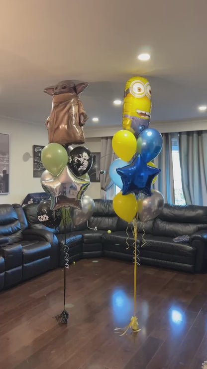 Star Wars-themed Baby Yoda Balloon Bouquet with a Grogu (Baby Yoda) balloon, featuring silver, black, and green balloons for a fun celebration.