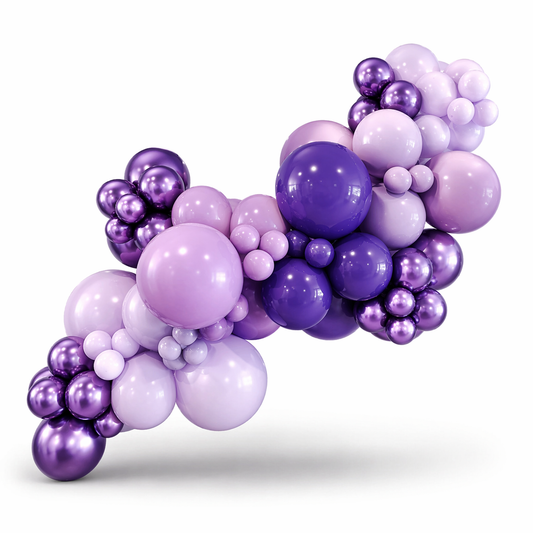 Luxury purple balloon garland with metallic and pastel balloons, elegant event decor installation in Toronto