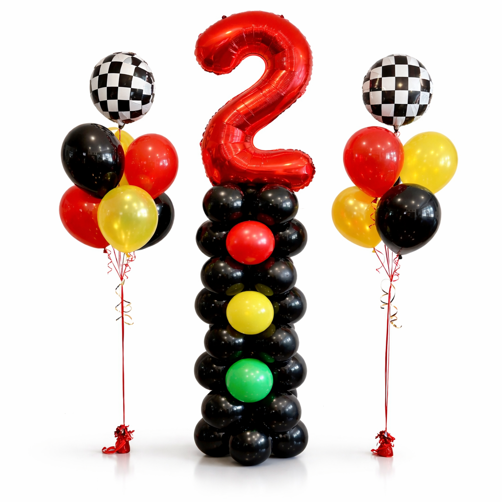 Race car themed birthday balloon column with red number 2 foil balloon and matching balloon bouquets in black red and yellow, luxury kids birthday balloons Toronto, balloon delivery and setup GTA