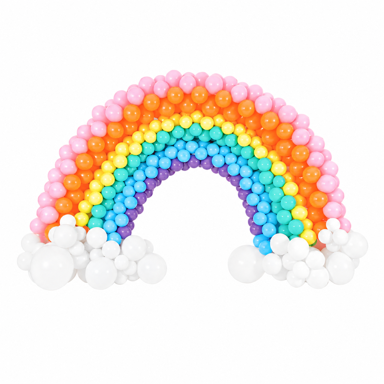 Rainbow Balloon Arch with white cloud balloons for birthdays and events in Toronto