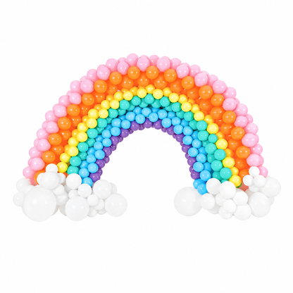 Rainbow Balloon Arch with white cloud balloons for birthdays and events in Toronto