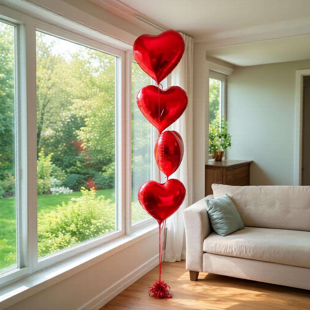 Red Heart Balloons Toronto arranged as a heart balloon bouquet with helium and balloon weight.