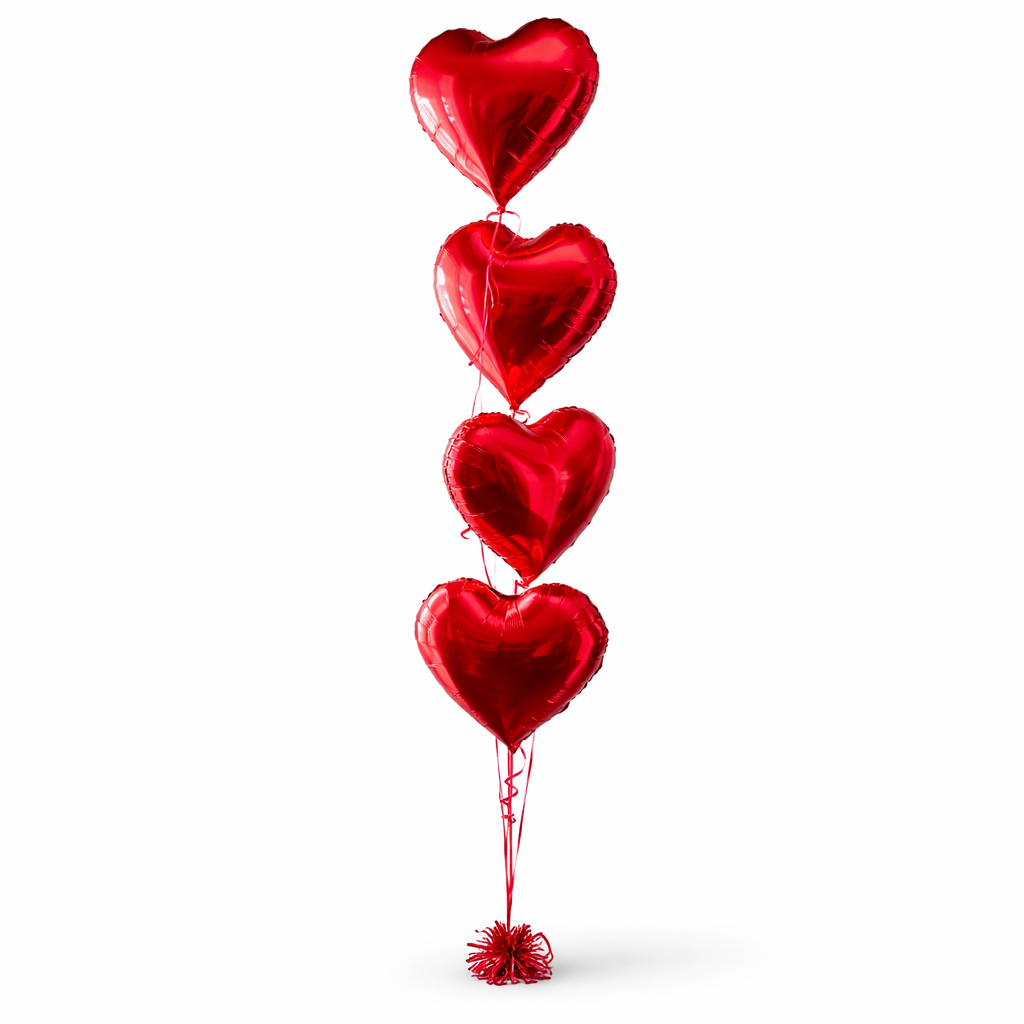 Red heart foil balloon bouquet with four helium balloons and weight, romantic balloon delivery Toronto same day