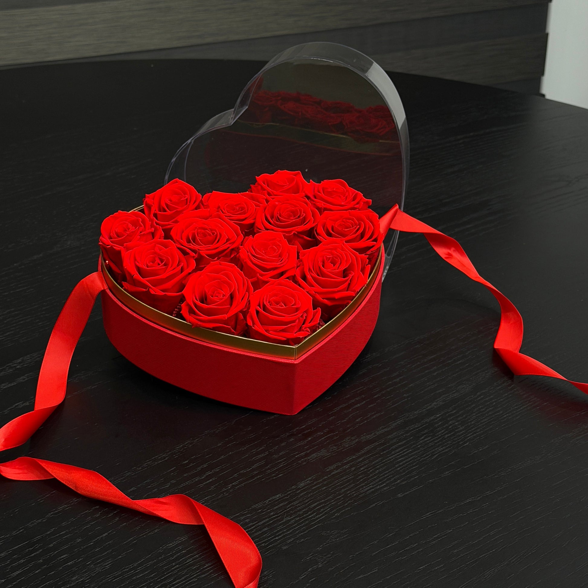 Red preserved roses in heart box romantic gift Toronto