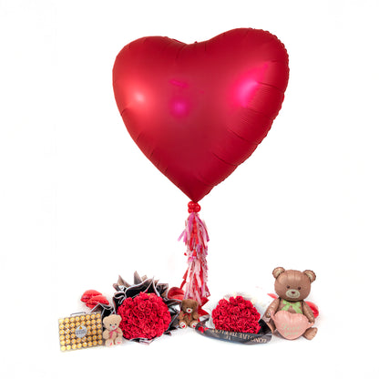 Red super heart balloon with 25 roses bouquet and Ferrero chocolates