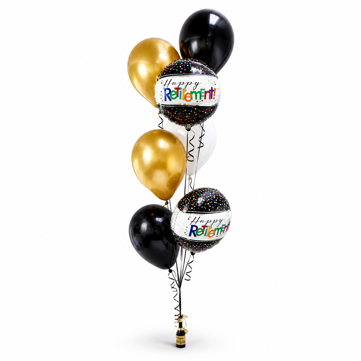 Retirement balloon bouquet with black and gold balloons and “Happy Retirement” foil balloons, helium balloon delivery Toronto, elegant celebration balloons GTA