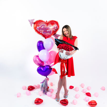 Retro Cupid Heart Balloon Bouquet in Toronto with retro heart supershape, heart foil balloons, and handmade tassels
